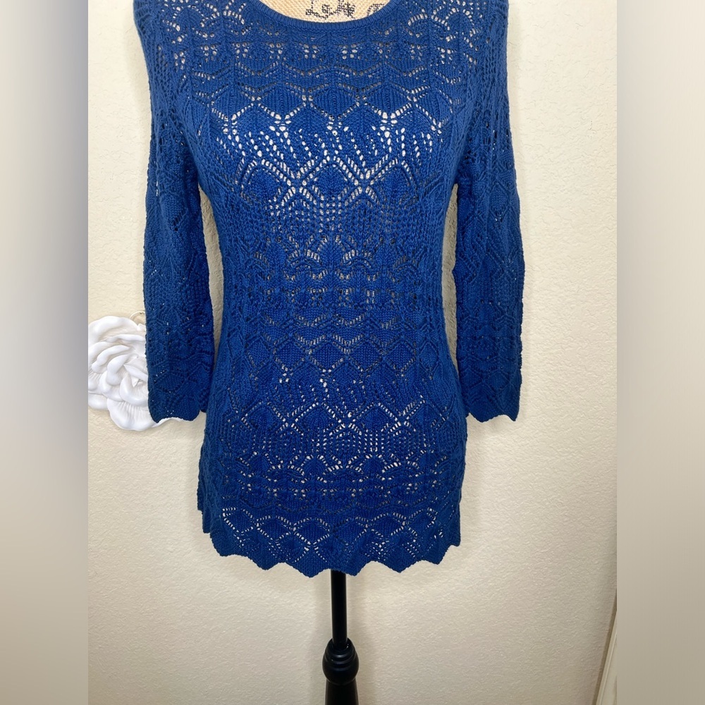 NTM Jeanne Pierre Blue Crochet Pullover Sweater NWT Scoop Neck 3/4 Sleeve Small - Picture 4 of 15